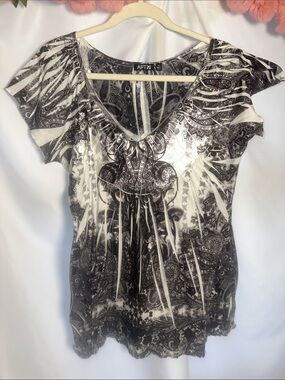 Apt. 9 Black & White Paisley V-Neck Short Sleeve Top